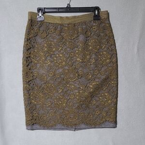 ANN TAYLOR LOFT Women's Gray‎ with Green Lace Overlay Midi Pencil Skirt - Size 8